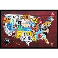 Buyartforless Work Framed United States License Plate Map 36x24 Print Poster Wall Decor Pop Art Rustic Educational, Red