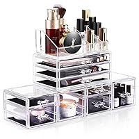 DreamGenius Makeup Organizer, 4 Pieces Acrylic Makeup Storage Box with 9 Drawers for Lipstick Jewelry and Makeup Brushes, Stackable Vanity Organizer for Dresser and Bathroom Countertop, Clear