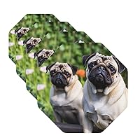 Drink Coasters with Holder Leather Coasters Set of 4 Pugs in The Garden Round Coaster for Drinks Tabletop Protection Cup Mat Pad for Home and Kitchen Coaster Set for Home Decor 4 Inch