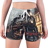 Vintage Old Steam Train Womens Athletic Shorts High Waisted Running Shorts with Pockets Sporty Shorts for Women
