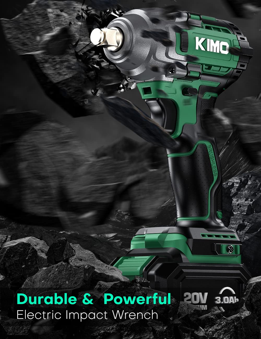 KIMO Cordless Impact Wrench, 3000 RPM, 1/2 Impact Gun with 3.0Ah Li-ion Battery, 7 Drive Impact Sockets, 3 Inch Extension Bar, 1 Hour Fast Charger,1/2 Impact Driver w/Max Torque 260 ft-lbs (350N.m)