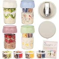 SOLIGT 4 Pack Overnight Oats Containers with Lids, Folding Spoons and Divided Compartments for Fruit & Nuts, Small Glass 16oz Mason Jars for Oatmeal (4 Set-Oat White/Green/Rose/Blue)
