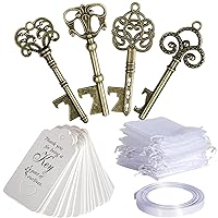 40Pcs Vintage Key Bottle Openers with Escort Card Tag Organza Bags and Ribbon for Wedding Party Favors Rustic Decoration, Bronze