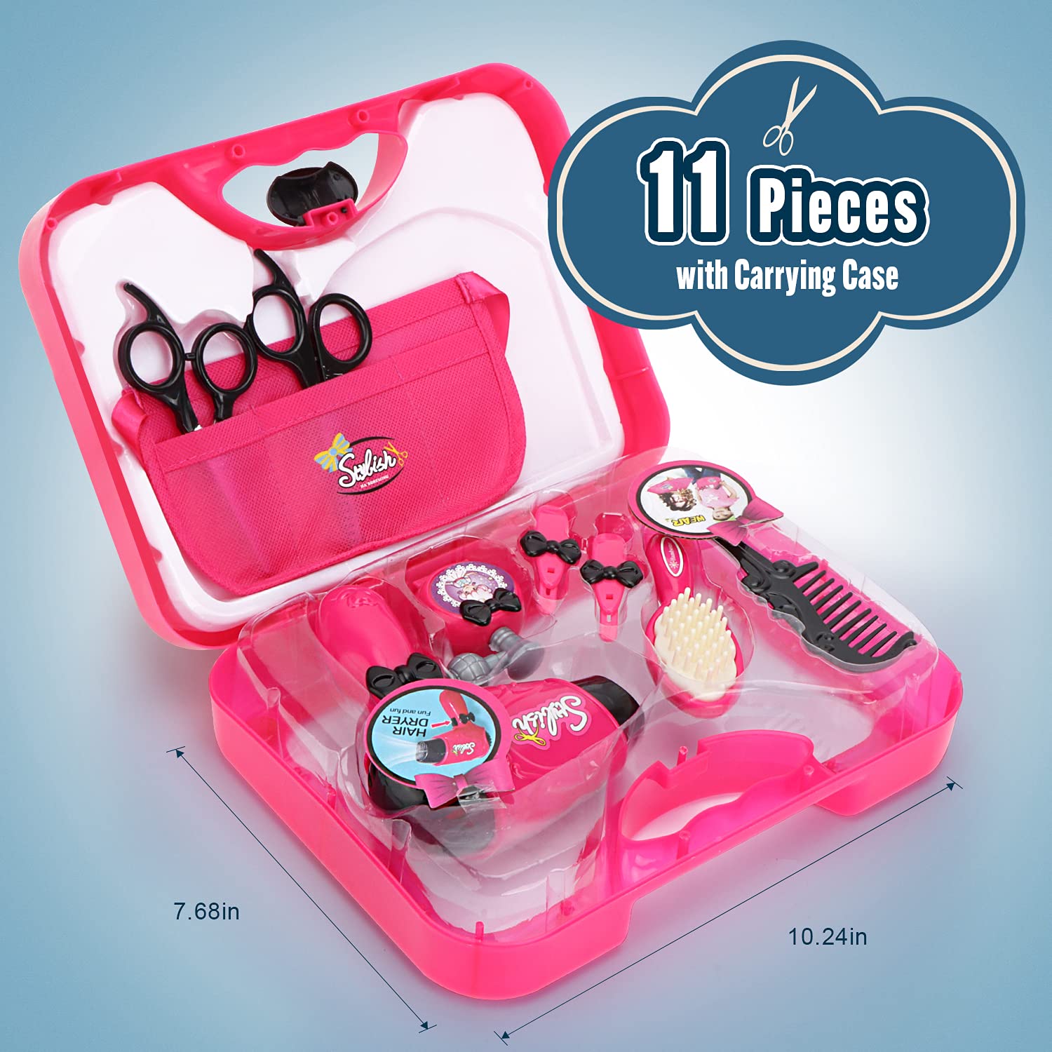 Hapgo Girls Beauty Salon Set Pretend Play Stylist Hair Cutting Kit Hairdresser Toys with Hair Dryer, Scissors, Barber Apron and Styling Accessories