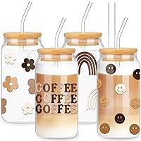 FASISOY Glass Cups with Bamboo Lids and Straws 4pcs 16oz Coffee  Beer Can Cups with Lids and Straws Drinking Glasses glass coffee mugs  Aesthetic Cute Glass Tumbler, Coffee Bar Accessories Gifts 