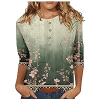3/4 Sleeve Summer Tops for Women Button Down Cooling Shirts Trendy Blouses Dressy Casual Printed Graphic Floral Tees