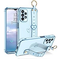 GUAGUA for Samsung Galaxy A23 4G/5G Case, Plating Love Heart Phone Case with Wristband Kickstand Holder Slim Flexible TPU Shockproof Protective Electroplated Case for Samsung A23 5G 6.6 Inch, Blue