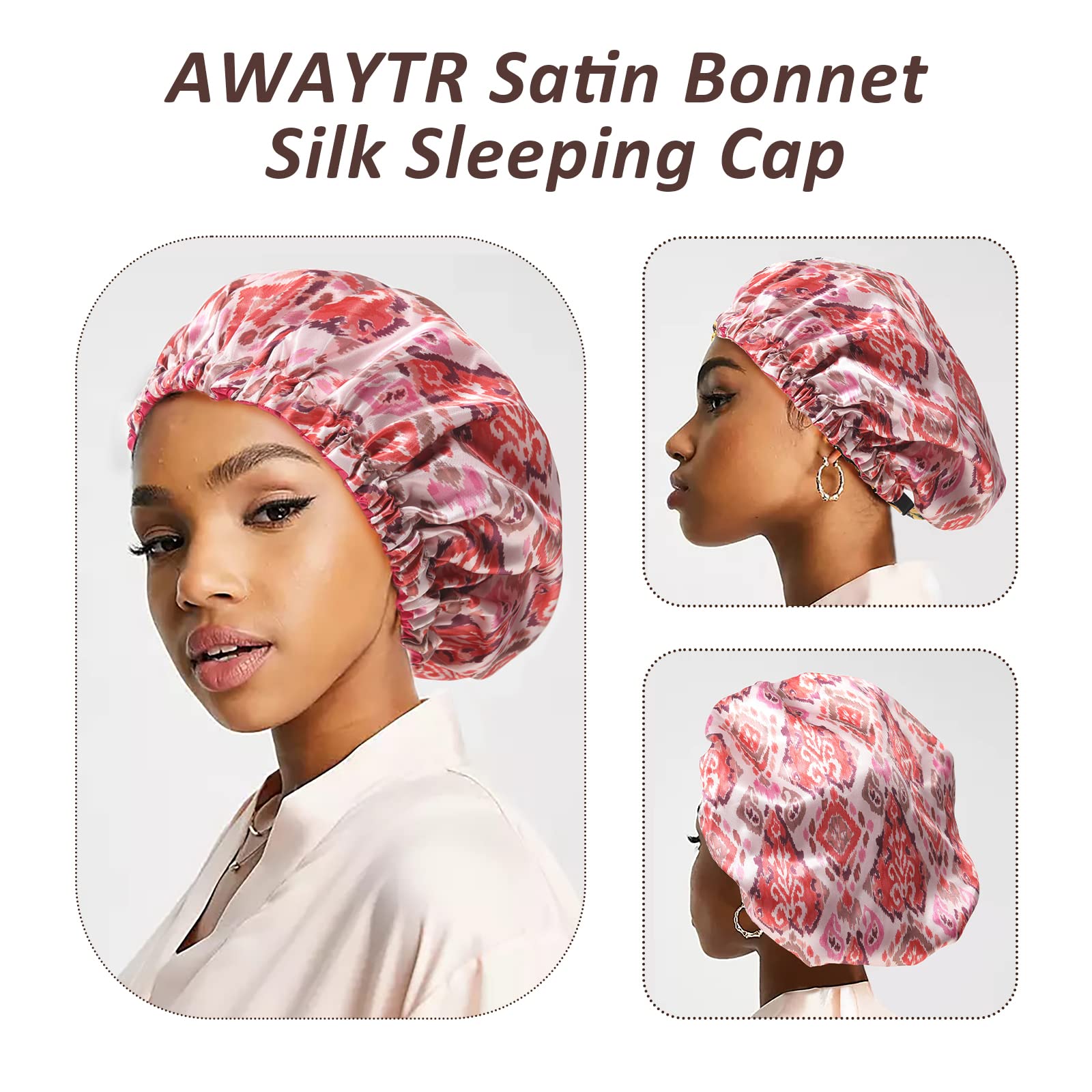 Satin Bonnet Silk Sleeping Cap - Silk Like Hair Wrap for Sleeping Large Reversible Hair Cap for Curly Hair Satin Bonnet for Women and Girls (Pink)