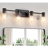4-Light Modern Vanity Light Fixtures Over Mirror, Matte Black Bathroom Light Fixtures, Vanity Lights, Wall Sconce with Clear Glass Shade for Bathroom, E26 Base