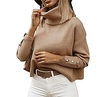 Women's Sweater Fashion Turtleneck Pullover Button Up Long Sleeve Loose Knitted Sweater Top