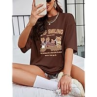 T-Shirt for Women Bear and Slogan Graphic Drop Shoulder Tee (Color : Coffee Brown, Size : X-Small)