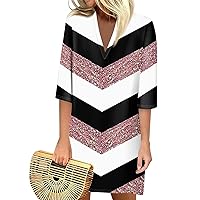 Dresses for Women 2024, Summer Casual Printed Loose V Neck 3/4 Sleeve Dress Retro Vintage Striped, S, 3XL