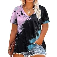 DOLNINE Womens Plus Size Tops Tie Dye Casual V Neck Summer Short Sleeve Loose Fit Shirts XL-5XL