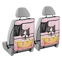 Watercolor Cute Cat Pink Kick Mats Back Seat Protector Waterproof Car Back Seat Cover for Kids Backseat Organizer with Pocket Protect from Scratches Mud Dirt, 2 Pack, Car Accessories