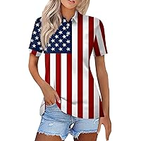 American Flag 4Th of July 2024 Women's Tops Casual Star Stripes Print Button Down Lapel Neck Short Sleeve Polo Shirts