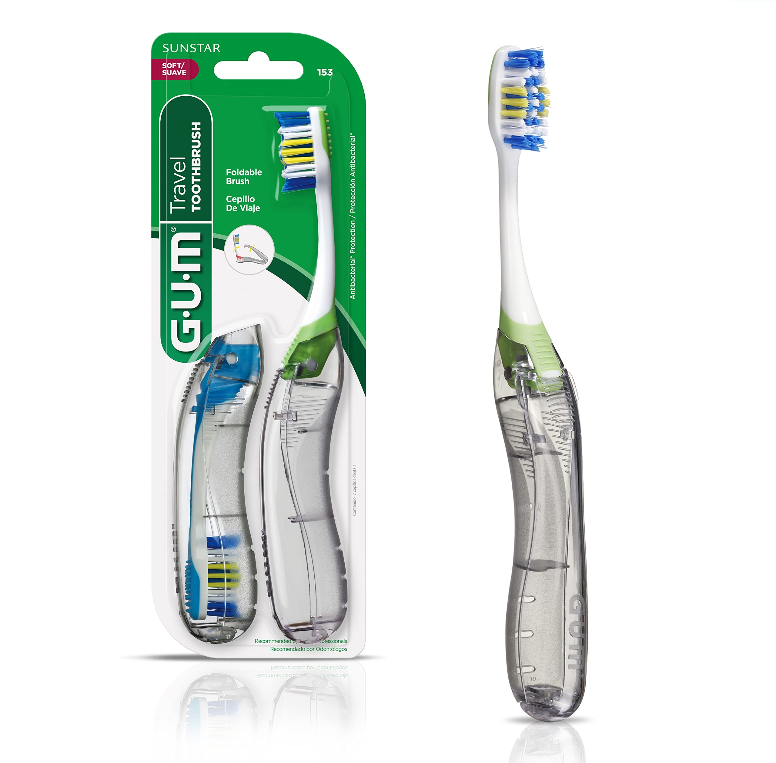 GUM Travel Toothbrush with Bristles & Folding Handle, Soft Bristles, 2 Count