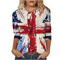 UK National Days Shirts Women Vintage Distressed British Flag Print Tee Tops 3/4 Sleeve Crewneck Loose Pullover