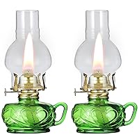 2 Pcs Vintage Large Oil Lamp with Handle Antique Green Glass Kerosene Lamp Lantern Chamber Oil Lamps for Indoor Use Home Decor Classic Old Hurricane Lamp for Emergency Lighting