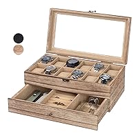 Watch Box, Watch Case for Men Women with Large Glass Lid, Wooden Watch Display Storage Box with 2 - Layers & 12 - Slots, Wood Mens Watch Box Organizer for Gift