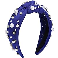 WantGor Pearl Knotted Headband, Women Rhinestone Embellished Hairband Elegant Wide Top Knot Bride Headbands Headpieces Party Fashion Elegant Ladies Hair Band Hair Hoop Accessories (Blue)