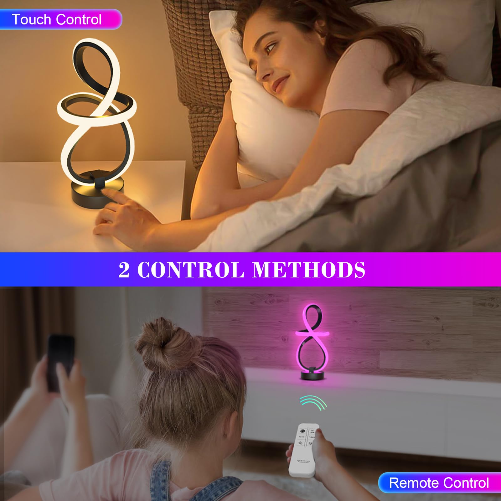 PutWish Spiral LED Table Lamp, 16 Modes RGB+IC Color Changing Bedside Lamp with Memory Function, Touch & Remote Control 3 Way Dimmable Small Modern Table Lamp for Home Party and Christmas Gifts