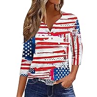 Women's Fourth of July Shirts Fashion Casual T-Shirt V Neck Seven Sleeve 4th of July Printed Top Shirts, S-3XL