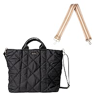 KEDZIE Cloud 9 Quilted Puffer Tote Bag Crossbody Purse (Black) & Interchangeable 2-Inch Bag Strap (24 Carat Tan V2)