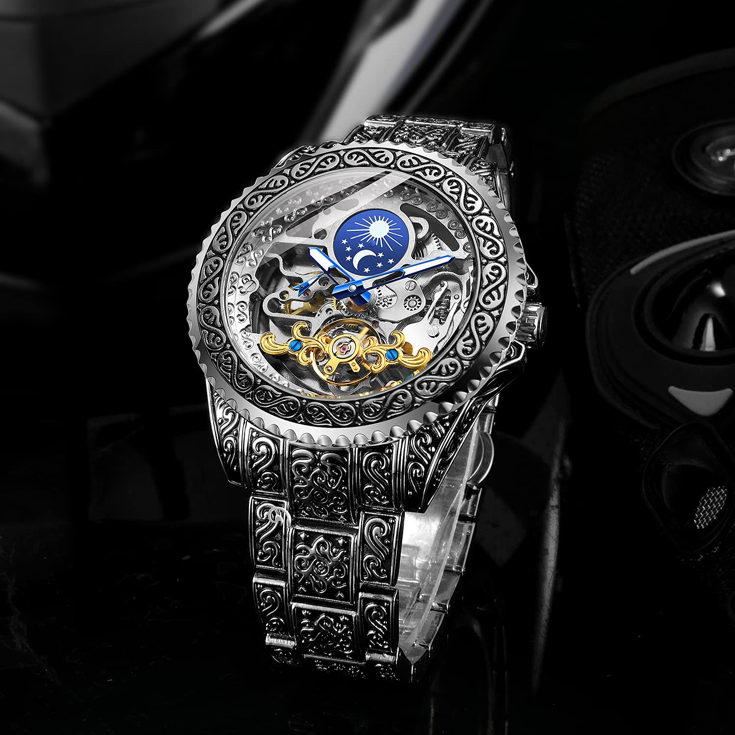 Retro Geschnitzt Skelett Steampunk Automatik Armbanduhr Goldene Silber Herren Uhr mit Metallarmband AM/PM Sonne Mond Geschenke für Manner