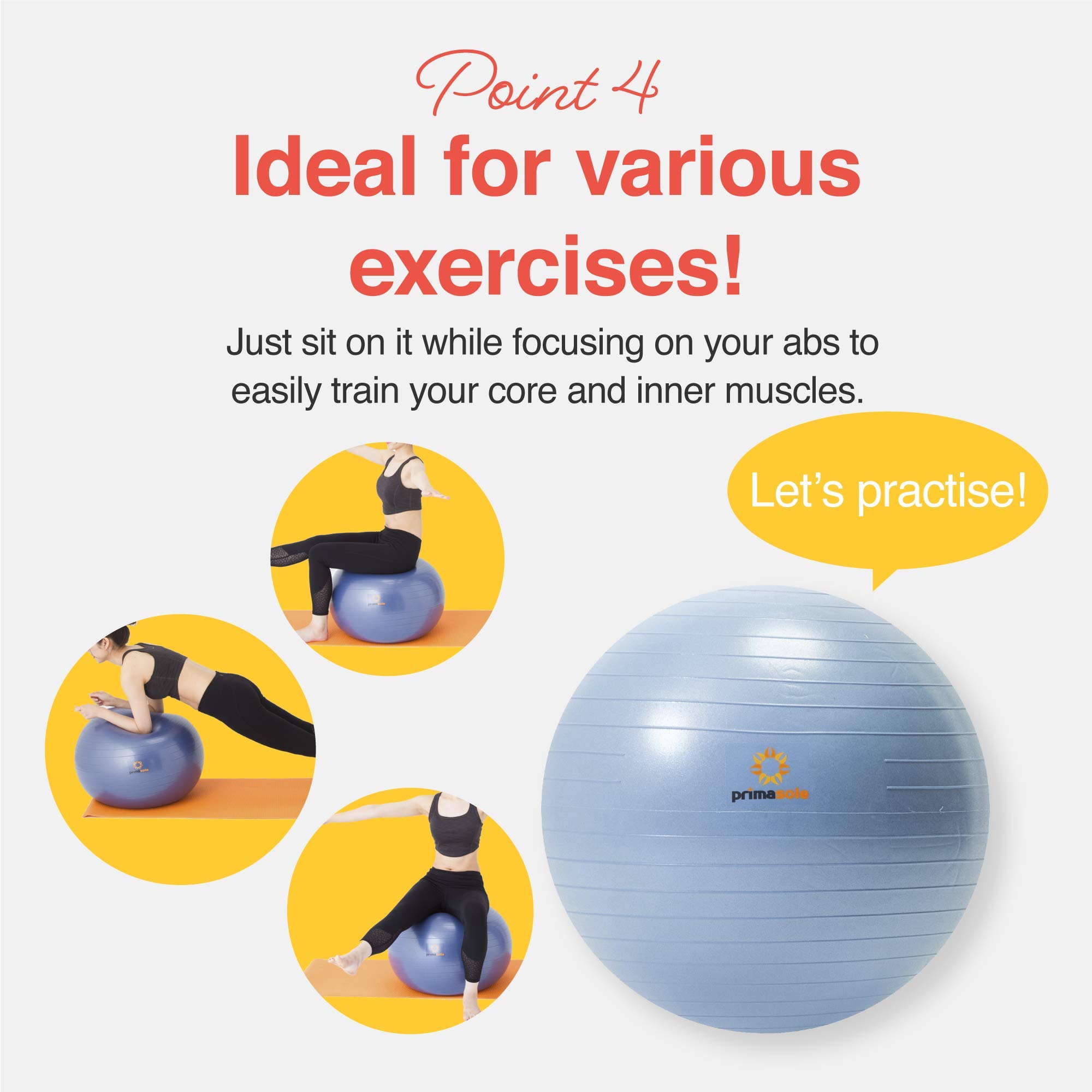 Primasole Exercise Ball for Balance Stability Fitness Workout Yoga Pilates at Home Office & Gym with Inflator Pump