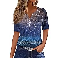Short Sleeve Tops for Women Button Down V-Neck Dreamy Gradient Color Shirts Summer Going Out Casual Blouse