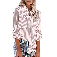 Anjikang Womens Fall Button Down Shirts 2023 Casual Trendy Long Sleeve Collared Striped Loose Casual Dressy Blouses Cute Tees