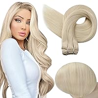 Full Shine Weft Hair Extensions Human Hair Platinum Blonde Sew in Real Hair Extensions Blonde Hair Weft Extensions Remy Human Hair Blonde Full Head 105g 24 Inch