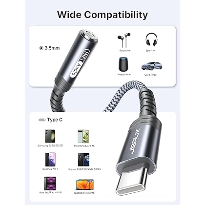 USB Type C to 3.5mm Female Headphone Jack Adapter, JSAUX USB C to Aux Audio Dongle Cable Cord Compatible with Samsung Galaxy S23 S23+ S23 Ultra, S22 S21 S20 Plus/Ultra, iPad Pro, MacBook, Pixel (Grey)