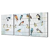 Biuteawal Bird Canvas Wall Art for Laundry Room 3 Pieces Teal Blue Wall Decor Animal Picture Framed Artwork Retro Painting Prints Home Bathroom Washroom Decorations Ready to Hang