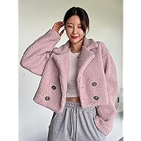 Women's Jackets Double Breasted Drop Shoulder Teddy Jacket Lightweight Fashion (Color : Dusty Pink, Size : Small)