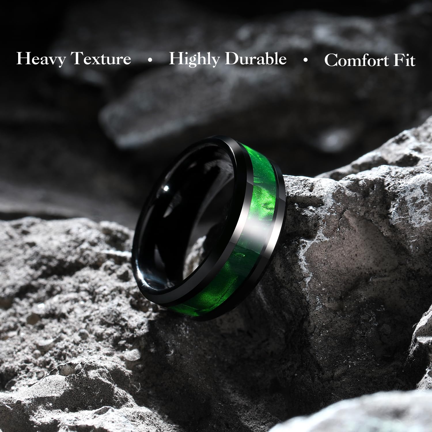 King Will Tungsten Carbide Wedding Band for Men - 8mm Black High Polished Inlay Green Shell Texture Patterns for Everyday Wear Comfort Fit
