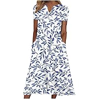 Women's Summer V Neck Short Sleeve Midi Tshirt Dresses Casual Floral Print Color Block Tunic Dress with Pockets
