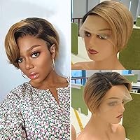Short Black Blonde 1B27 Transparent 13X4 Lace Front Wig Side Part Pixie Cut Human Hair Wig For Women Pre Plucked Brazilian Hair With Baby Hair Bleached Knots 150% Density 10Inch