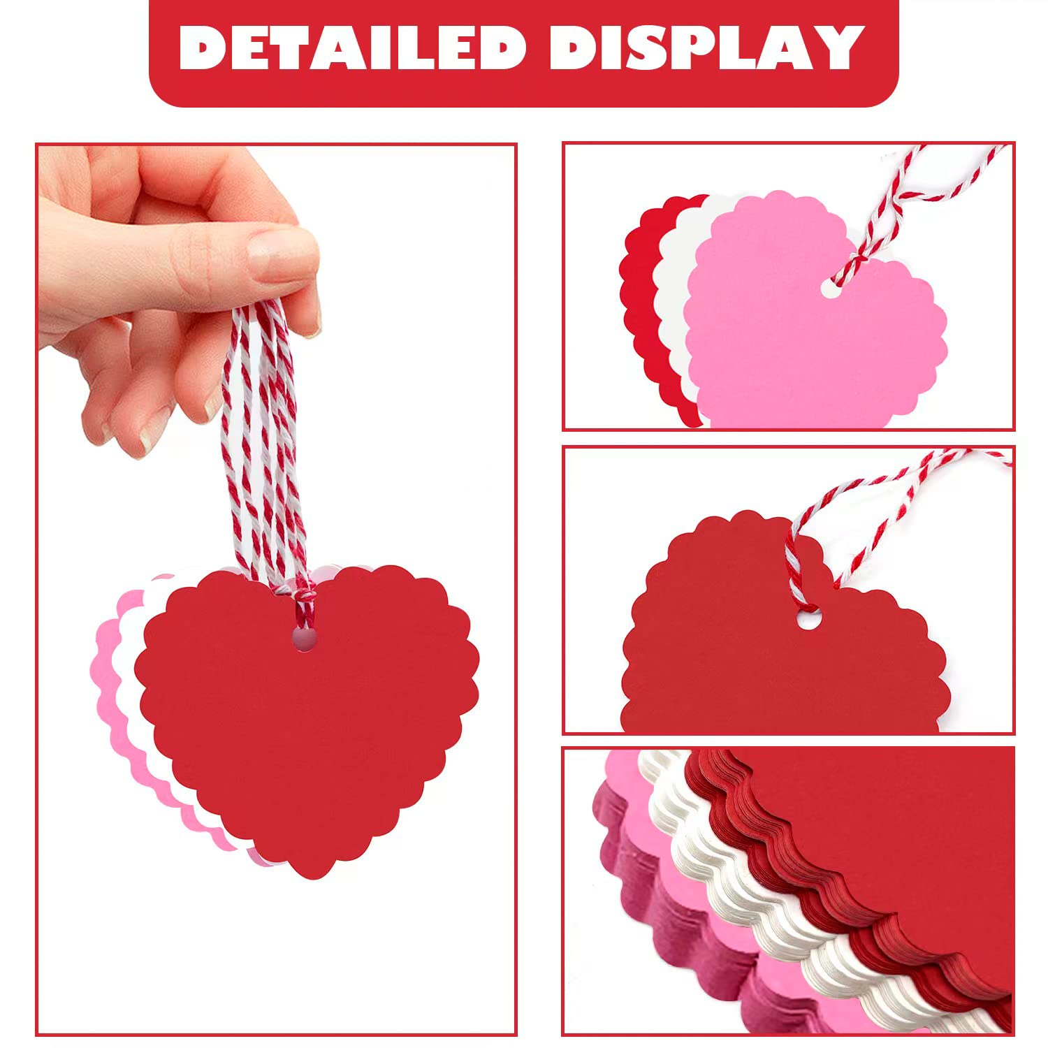 XIANMU 300 Pcs Valentines Day Heart Tags Hang Tag Kraft Paper Gift Tags Heart Shape with 328 Feet String for Valentine's Day Wedding Mother's Day Thanksgiving Party DIY Wrapping - Red Pink White