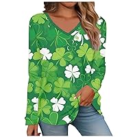 Women's St Patty Day T-Shirts Long Sleeve V Neck Lucky Clover Print Tops Going Out Blouse for Leggings