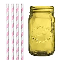 Dress My Cupcake Amber Yellow Vintage Jardin Mason Jar with Bubblegum Pink Striped Straws, 32-Ounce