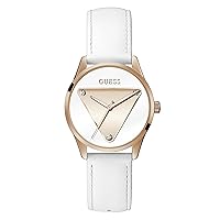 GUESS Ladies Trend Triangle Logo 36mm Watch – Rose Gold-Tone Stainless Steel Case with White Dial & White Leather Strap