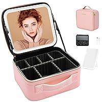 Travel Makeup Bag with LED Lighted Mirror 3 Color Scenarios Adjustable Brightness, Waterproof Cosmetic Train Case Organizer with DIY Dividers, Toiletry Makeup Case Gift for Lady