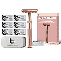 Rose Gold Upgrade Open Comb Design Safety Razor Kit, Includes 1 Safety Razor with 10 Blades and 1 Razor Blade Bank with 30 Blades
