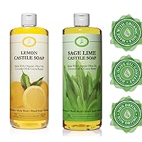 Carolina Castile Soap Sage Lime and Lemon Castile Soap Liquid Bundle - 32 oz Vegan & Pure Organic Concentrated Non Drying All Natural Formula Body Wash & Shampoo