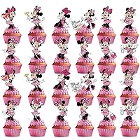 48Pcs Minnie Cupcake Toppers Minnie Birthday Party Supplies Pink Girl Theme Party Cake Decorations (Pink Mouse)