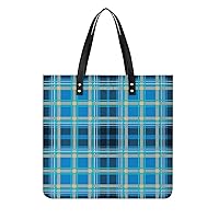 Blue Checkered PU Leather Tote Bag Top Handle Satchel Handbags Shoulder Bags for Women Men
