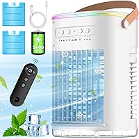 4 IN 1 Personal Air Conditioner w/5400mAh Li-ion Battery, 2 Ice Packs, 7H Timer & Remote, 7-LED Lights, 1200ML Tank, 10H Cooling Small Portable Air Conditioner, Evaporative Air Cooler for Room