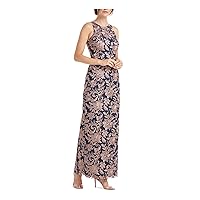 JS Collections Womens Floral Embroidered Illusion Evening Dress Blue 8