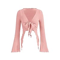SOLY HUX Women's Long Bell Sleeve Crop Tops V Neck Tie Front T Shirts Sexy Asymmetrical Top Fitted Tees